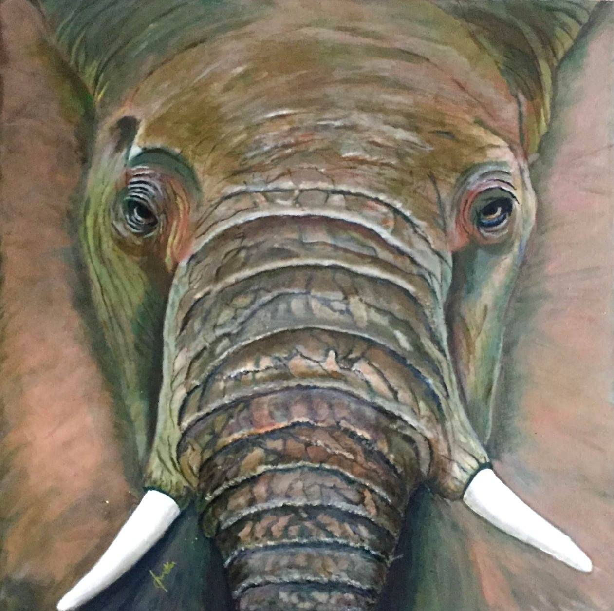 Close-up oil painting of an elephant face with melancholic eyes on canvas showing the importance of Surface and depth,by BhaskART