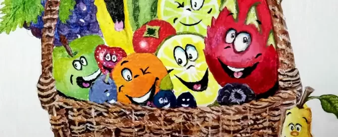 Colorful fruit basket with animated fruit characters, cheerful and vibrant artwork showing the importance of restraint in getting AI Output