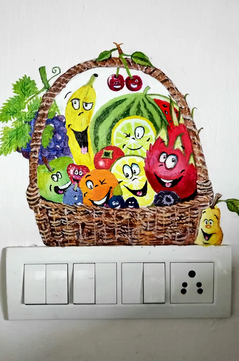 Colorful fruit basket with animated fruit characters, cheerful and vibrant artwork showing the importance of restraint in getting AI Output