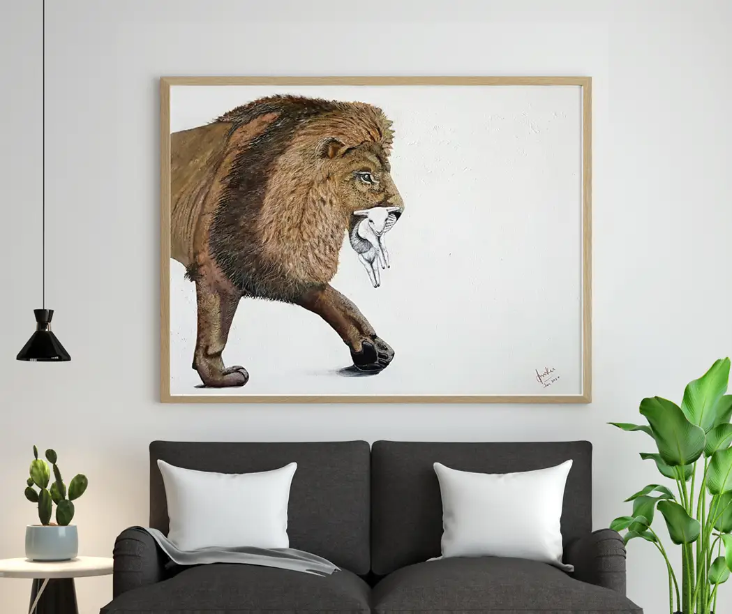 Large Lion carrying a white lamb in its mouth
