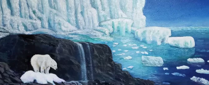 Polar bears on rocky shore with large iceberg and floating ice in the background.
