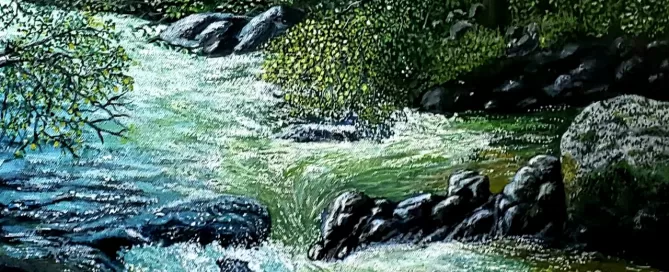 Original acrylic painting of rushing river rapids flowing through rocks and lush green forest by BhaskART — representing unstoppable energy and disruption"