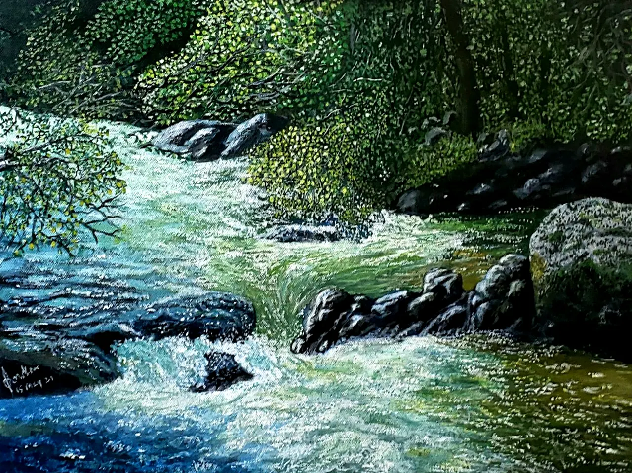 Original acrylic painting of rushing river rapids flowing through rocks and lush green forest by BhaskART — representing unstoppable energy and disruption"