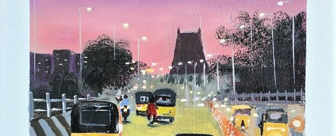 Auto rickshaw on a city street during sunset with traffic and city lights.