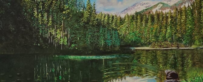 Lake reflection the back ground trees under a clear blue sky