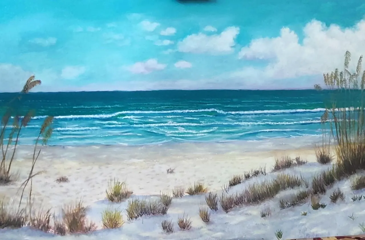 Painting of a beach with white sand and turquoise blue sea under a cloudy sky