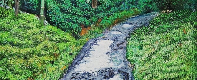 Acrylic painting of a potholed filled road. Only way to navigate it is to use the difficulty