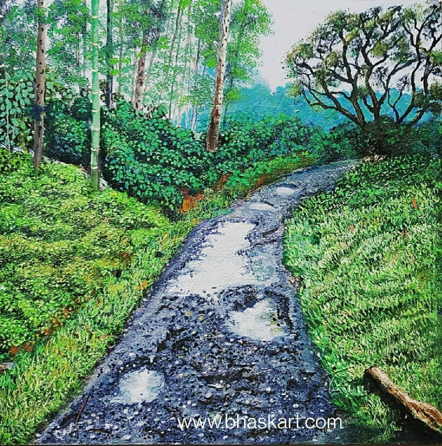 Acrylic painting of a potholed filled road. Only way to navigate it is to use the difficulty