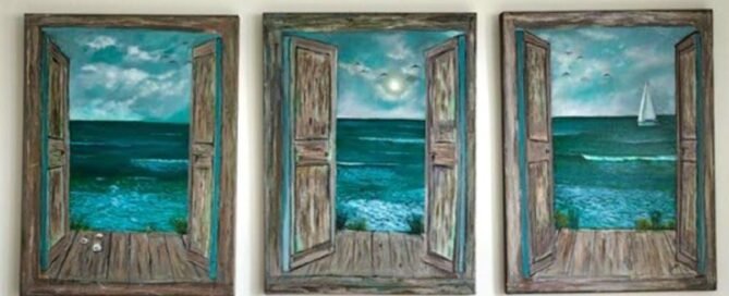 Acrylic painting of an ocean view through 3 open doors. One truth, Multiple Perspectives
