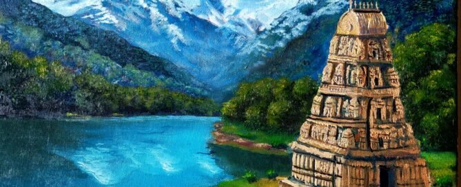 Painting of a temple surrounded by snow capped mountain and a river