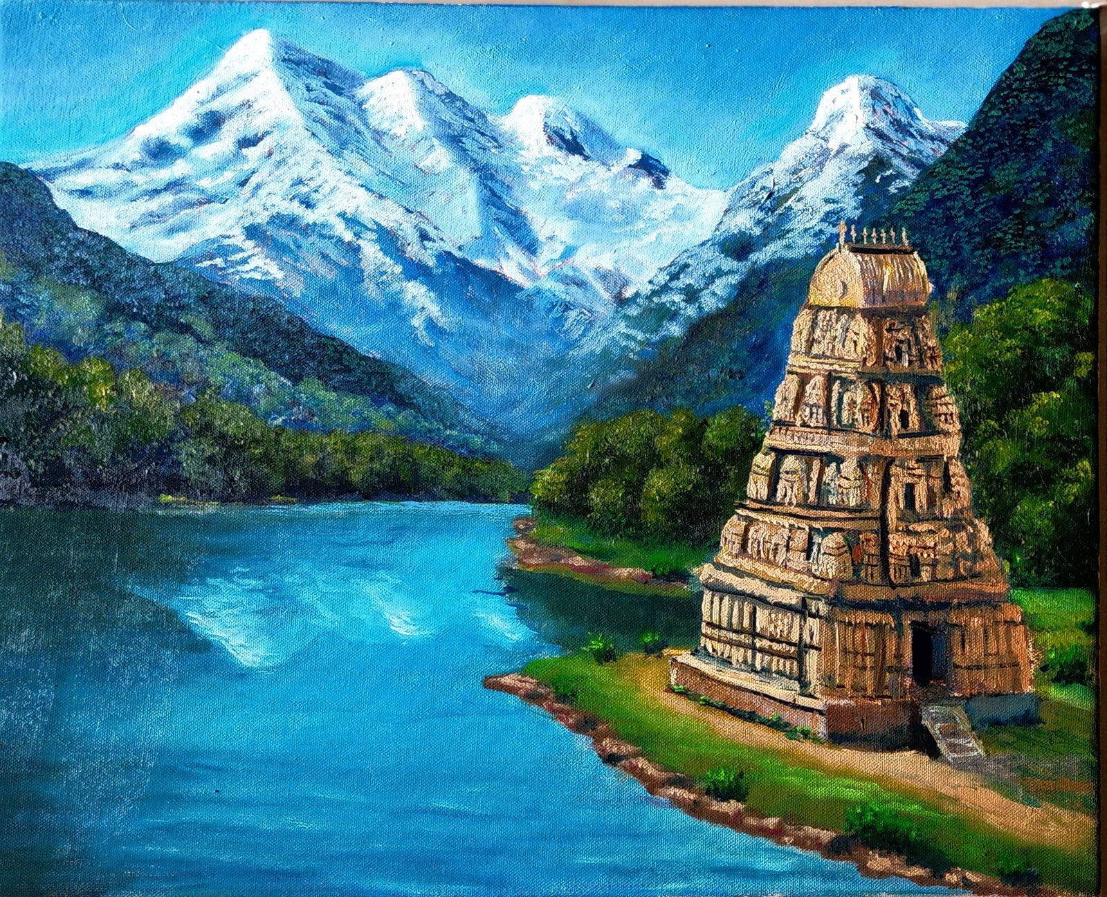 Painting of a temple surrounded by snow capped mountain and a river 