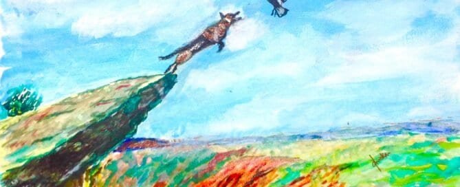 Why organisations struggle to trust AI Original painting by BhaskART showing a fox committing to a leap — not blind faith, but deliberate action despite uncertainty