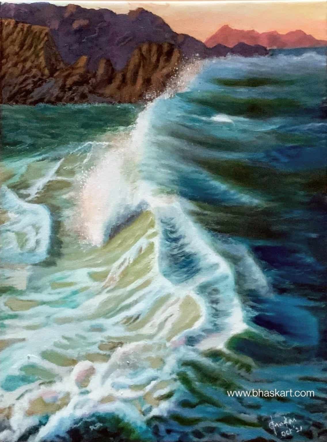AI is not one of the Technology Waves but the ocean itself. An acrylic painting of a swirling wave