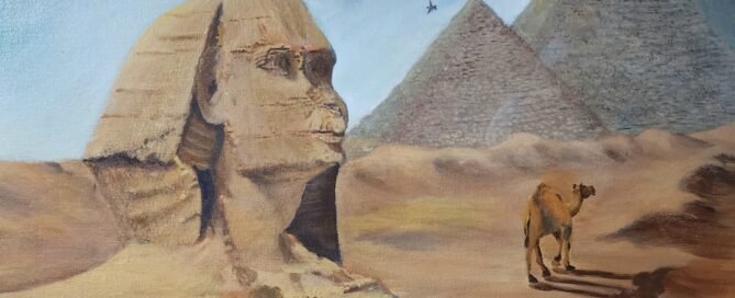 Painting of Pyramid, Sphinx and desert depicting the death and after life that the ancient Egyptians believed in
