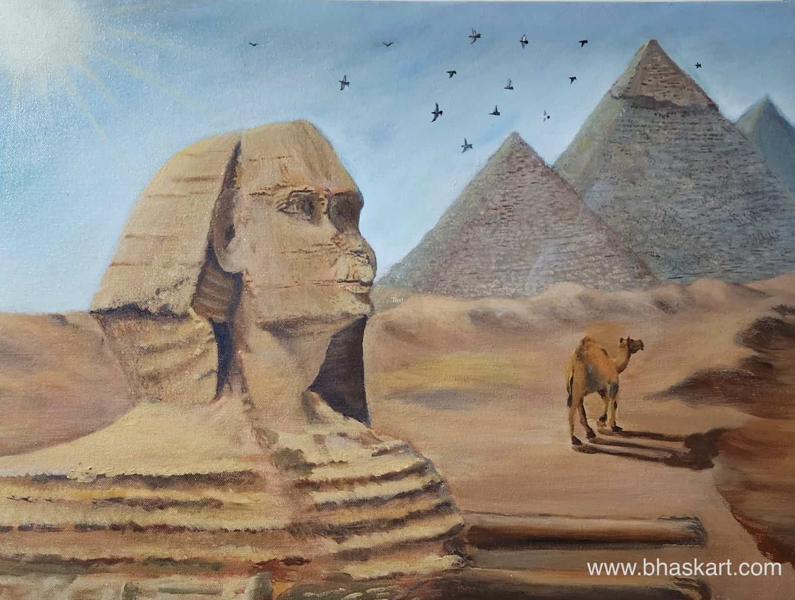 Painting of Pyramid, Sphinx and desert depicting the death and after life that the ancient Egyptians believed in