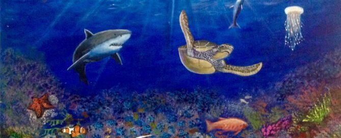 Underwater scene with a sea turtle, a shark, a jellyfish, and colorful coral reef.