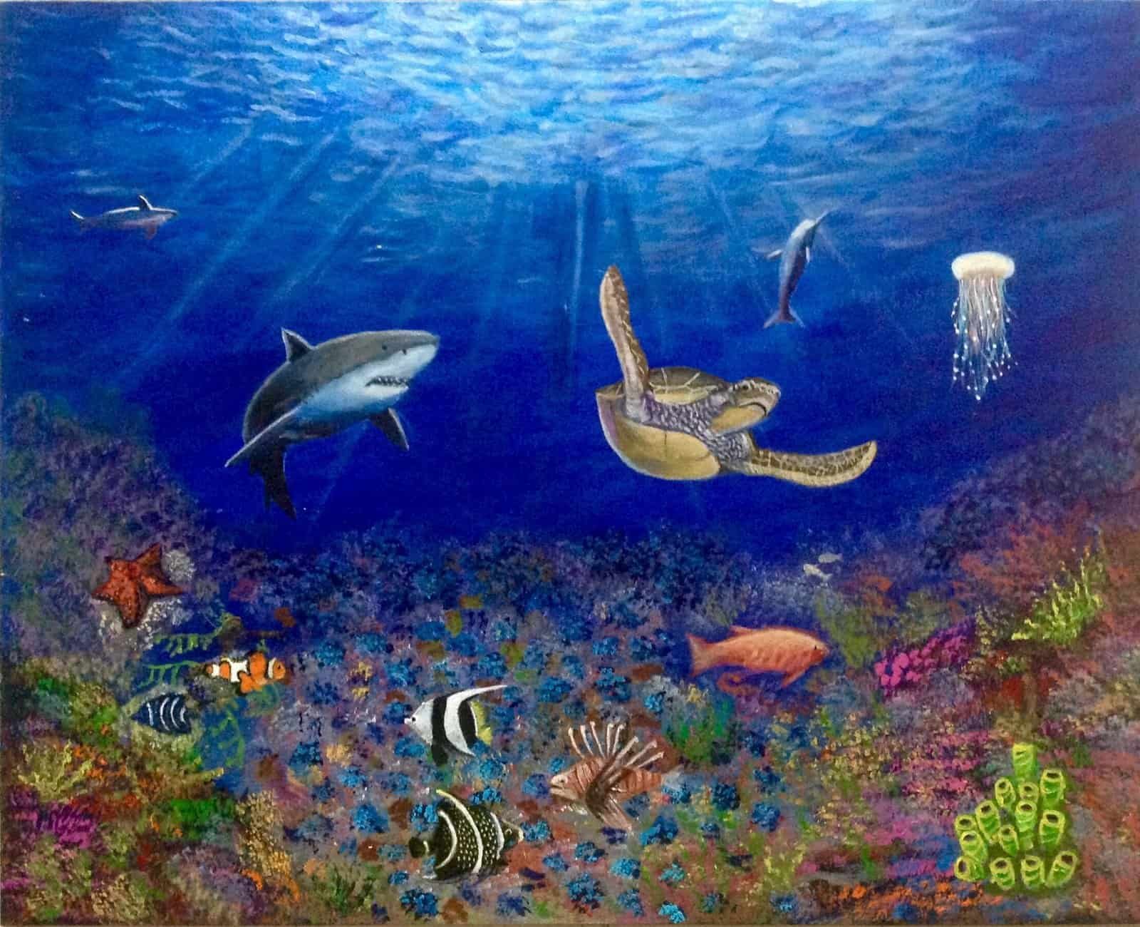 Underwater scene with a sea turtle, a shark, a jellyfish, and colorful coral reef.