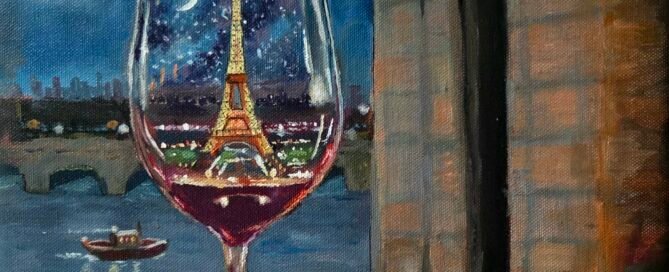 Oil painting of Paris in a wine glass with the Arc de Triomphe next to it.