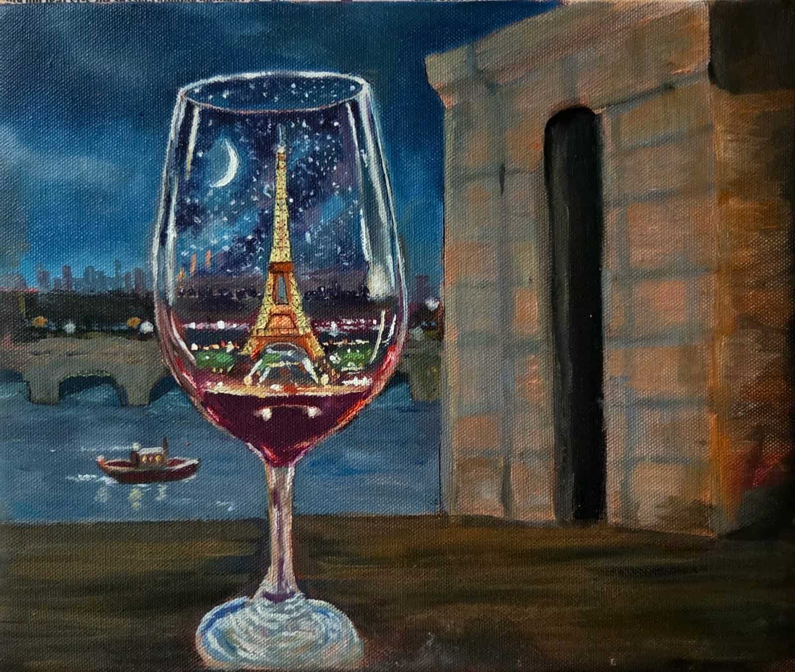 Oil painting of Paris in a wine glass