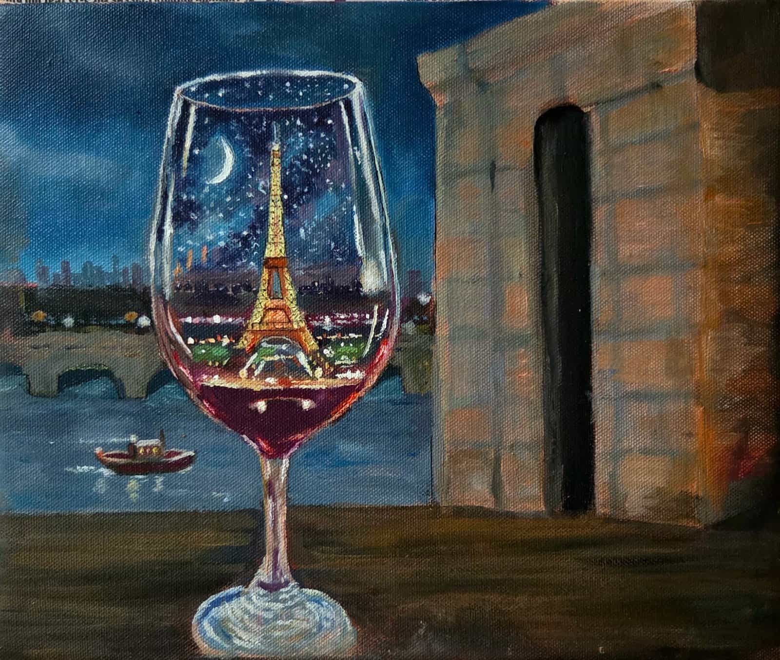 Oil painting of Paris in a wine glass with the Arc de Triomphe next to it.